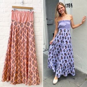 Madison Mathews || Genevieve Strapless Block Print Maxi Dress Floral Coral Large